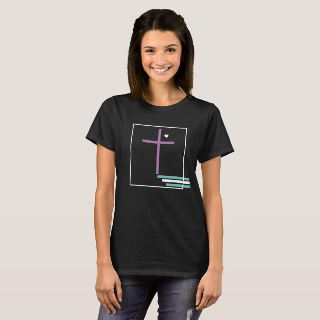 Camiseta Fé Geométrica Cruzada Cristã Roxo Teal (Frente Completa)