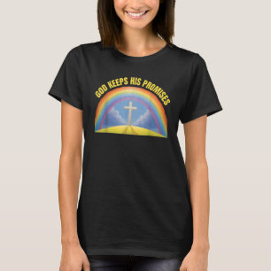 Camiseta Fé Religiosa Cristã Arco-Íris Deus Mantém Seu Pr