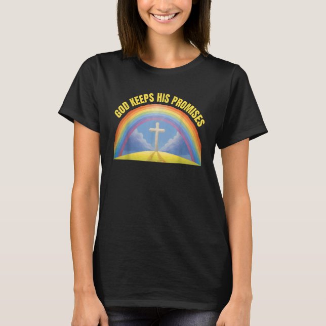 Camiseta Fé Religiosa Cristã Arco-Íris Deus Mantém Seu Pr (Frente)
