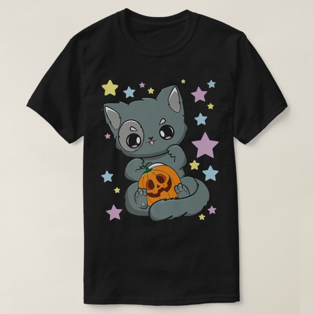 Camiseta Feira de Abóbora do Gótico Neko Kawaii Chibi (Frente do Design)