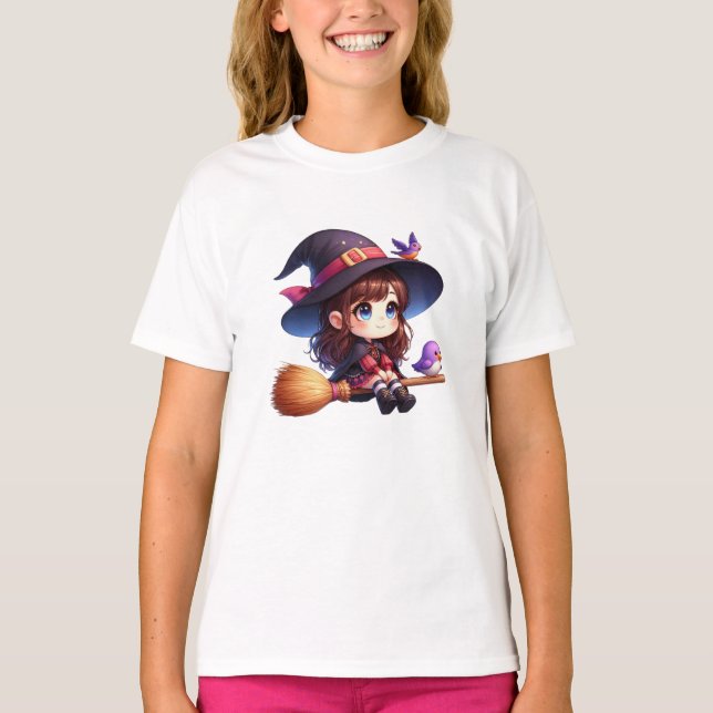 Camiseta Feiticeira Bonita Adorável com 2 pássaros, Hallowe (Frente)