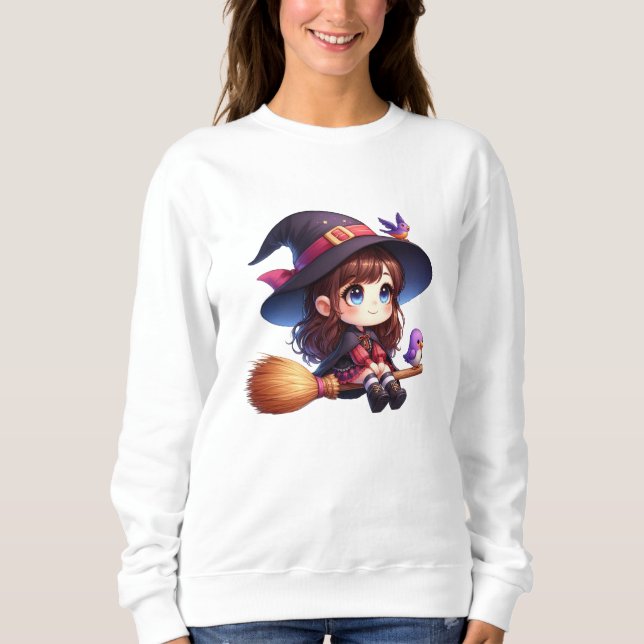 Camiseta Feiticeira Bonita Adorável com 2 pássaros, Hallowe (Frente)