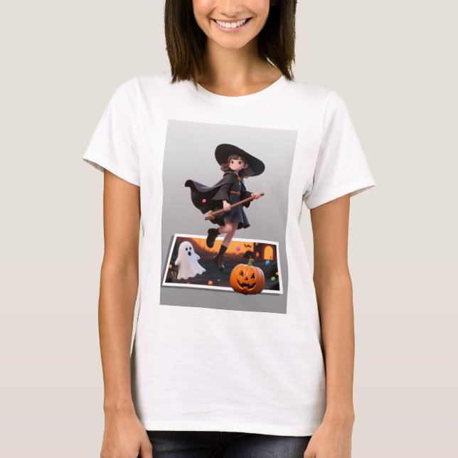 Camiseta Feiticeira Bonita do Halloween Voando em Broomstic (Frente)