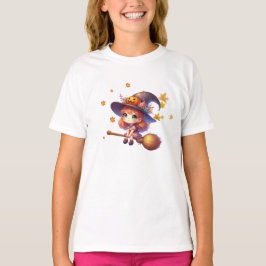 Camiseta Feiticeira Corta Adorável voando com vassoura, Hal