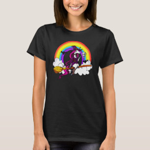 Camiseta Feiticeira da Unicórn Andando Broom Magical Rainbo