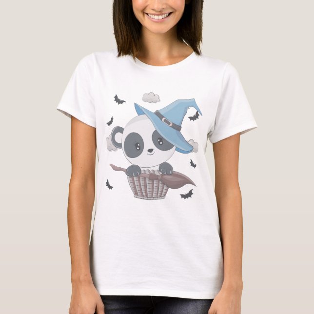 Camiseta Feiticeira de Panda Fria Cercada por Bats Hallowee (Frente)