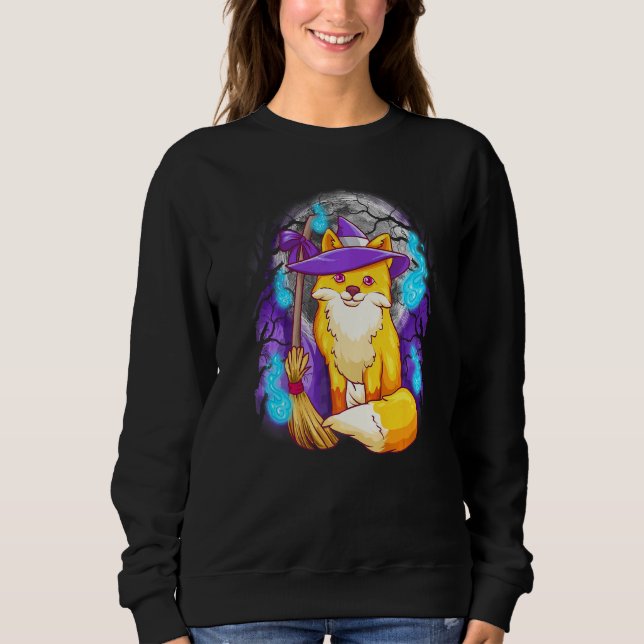Camiseta Feiticeira De Raposa De Halloween Com Lua E Árvore (Frente)