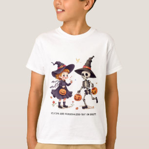 Camiseta Feiticeira e Esqueleto Crianças do Dia das Bruxas