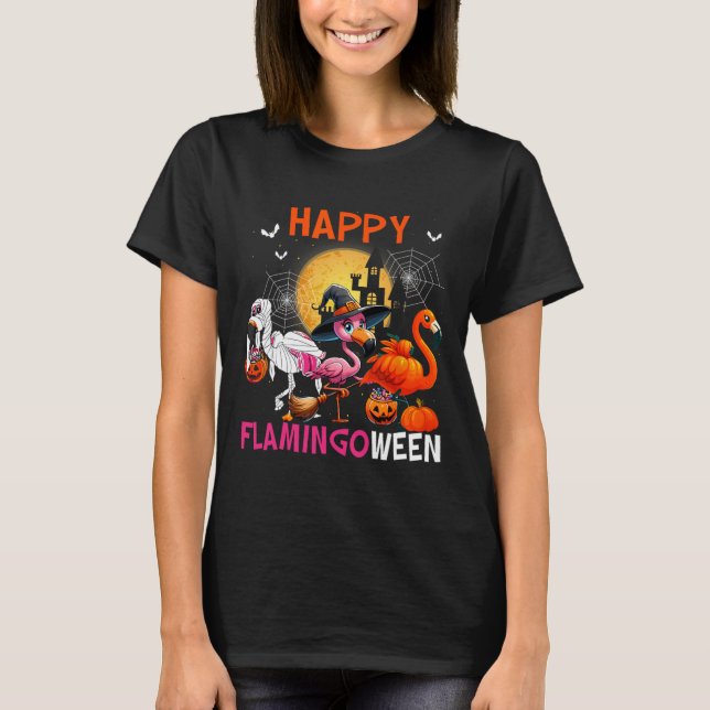 Camiseta Feiticeira Flamingo, Cor-de-rosa, do Halloween (Frente)