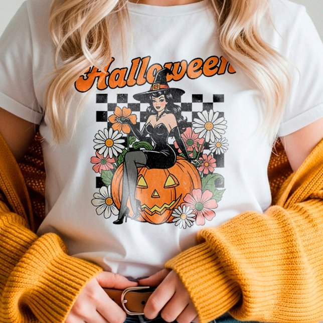Camiseta Feiticeira-pin-up retro Halloween art - Abóbora-pi (Criador carregado)