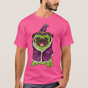 Camiseta Feiticeira Verde Pug Cachorro Bonito no Halloween