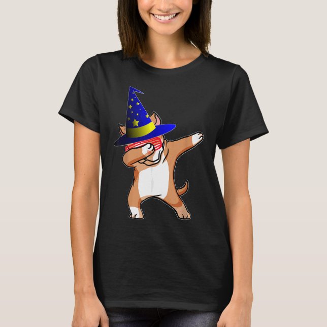 Camiseta Feiticeiro do Halloween Dabbing Pitbull Puppy Cach (Frente)