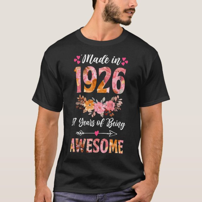 Camiseta Feito Em 1926, Floral 97 Anos, 97 Anos, Presente D (Frente)
