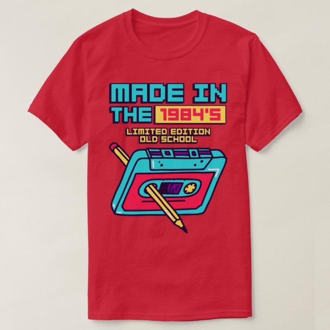 Camiseta Feito em fita cassete retrô de 1984 (Frente do Design)