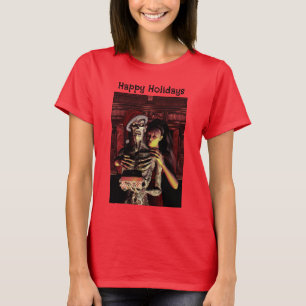 Camiseta Félicias Festivas. Esqueleto engraçado com mulher