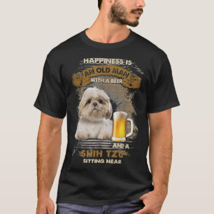 Camiseta Felicidade É Um Velho Com Cerveja E Um Shih Tzu