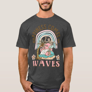 Camiseta Felicidade vem nas ondas retro esqueleto surfar