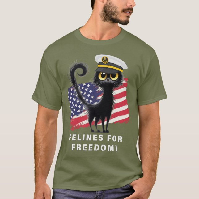Camiseta FELINAS PELA LIBERDADE, Gato Patriótico no Boné do (Frente)