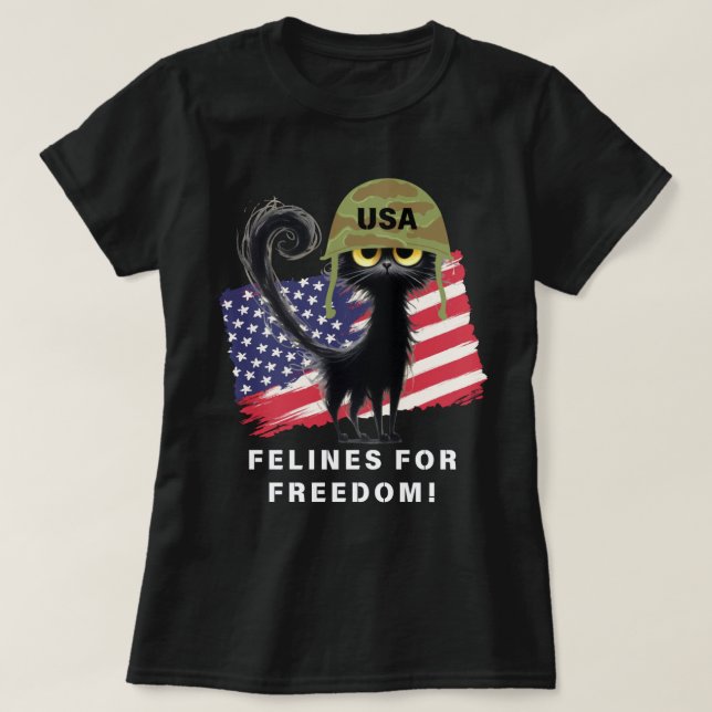 Camiseta FELINAS PELA LIBERDADE, Gato Patriótico no Capacet (Frente do Design)
