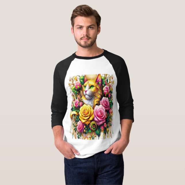 Camiseta Feline em meio a um Blogue Floral Vibrante (Frente Completa)