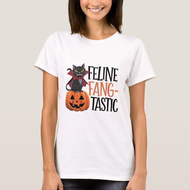 Camiseta Feline Fang-tastic Halloween Vamire Cat Design (Frente)