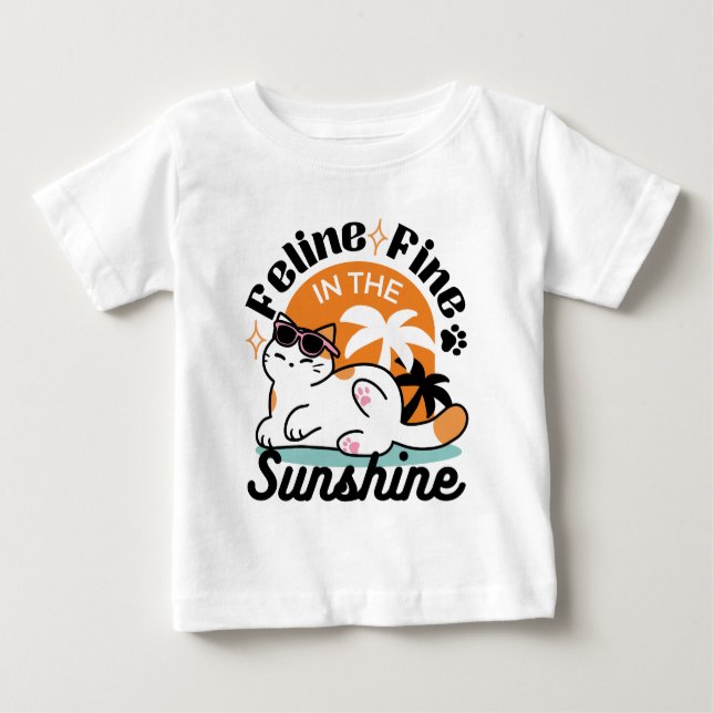 Camiseta Feline Fine no Sol - Gato Tropical Relaxado (Frente)