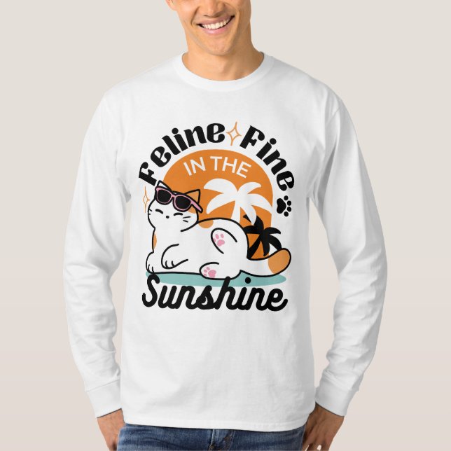 Camiseta Feline Fine no Sol - Gato Tropical Relaxado (Frente)