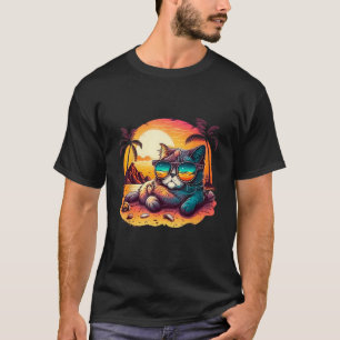 Camiseta Feline Fine on Vacation Gato Fofo Deitado no Beac