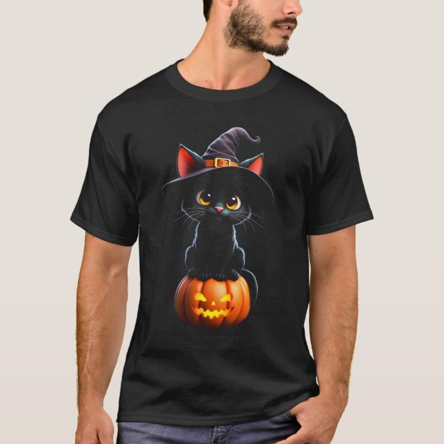 Camiseta Feline Spooky Witchy Cat na Pumpkin (Frente)