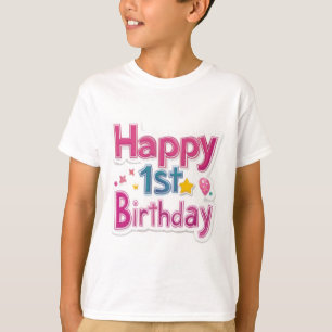 Camiseta Feliz 1º Aniversário – Design Cor-de-Rosa Fofo Col