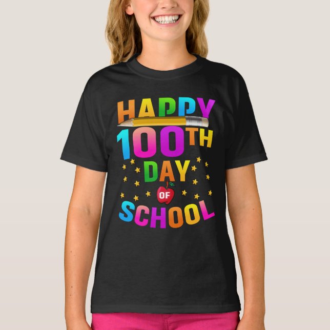 Camiseta Feliz 100º Dia da Escola para Professores e Estuda (Frente)