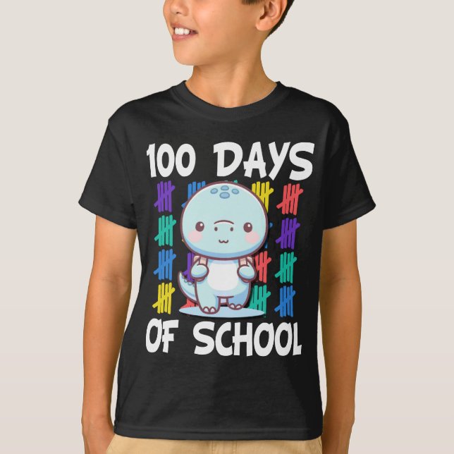 Camiseta Feliz 100º dia da escola Rainbow Dino para o mais  (Frente)