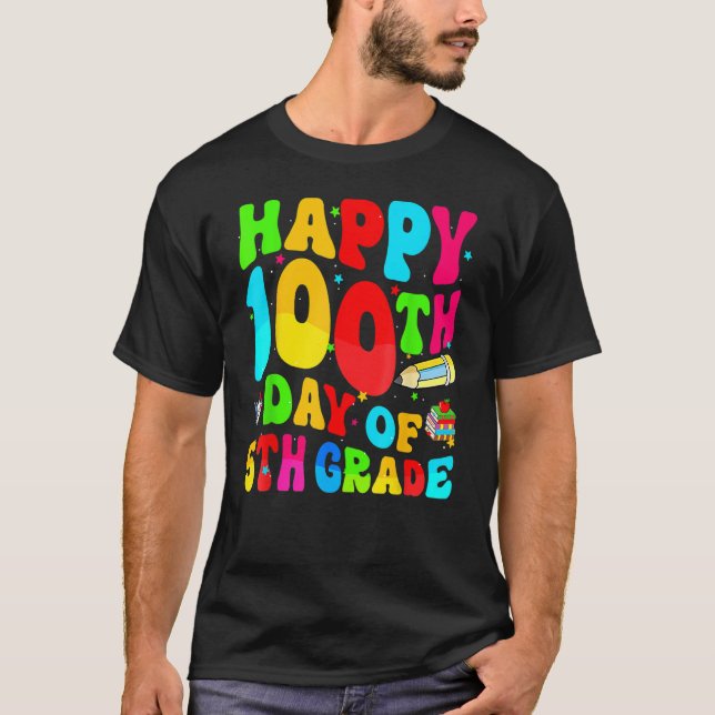Camiseta Feliz 100º Dia da Escola Retro Groovy 100 Dias 5t (Frente)