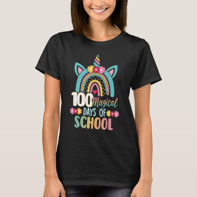 Camiseta Feliz 100º Dia da Escola Unicórnio 100 Dias Mágico (Frente)