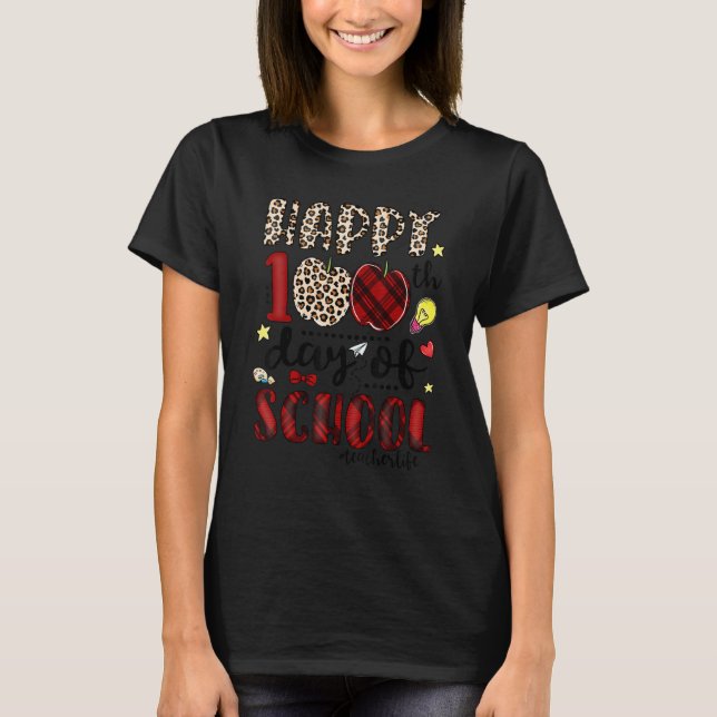 Camiseta Feliz 100º Dia De Escola Professor de Maçã Xadrez  (Frente)