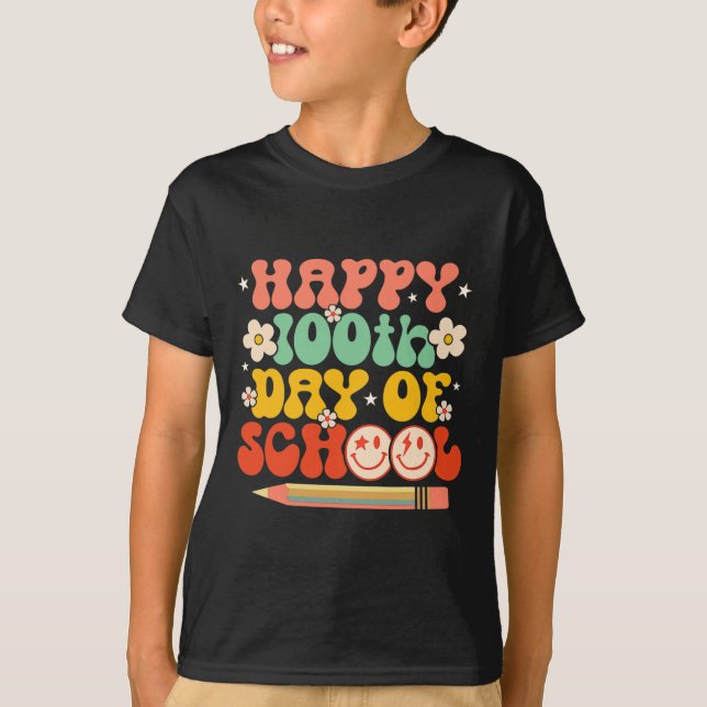Camiseta Feliz 100º Dia De Professores Crianças Retro Groov (Frente)
