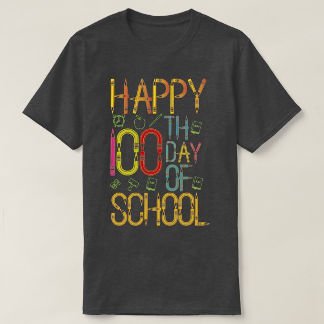 Camiseta Feliz 100º Dia de Professores E Estudantes Escolar (Frente do Design)