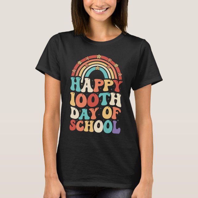 Camiseta Feliz 100 Dias De Groovy Retro Rainbow Na Escola (Frente)