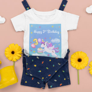 Camiseta Feliz 3º Aniversário Unicórnio com Bolo de Anivers