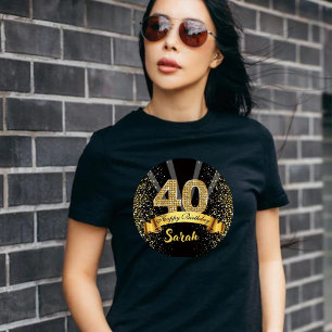Camiseta Feliz 40º Aniversário Preto e Dourado Brilho 