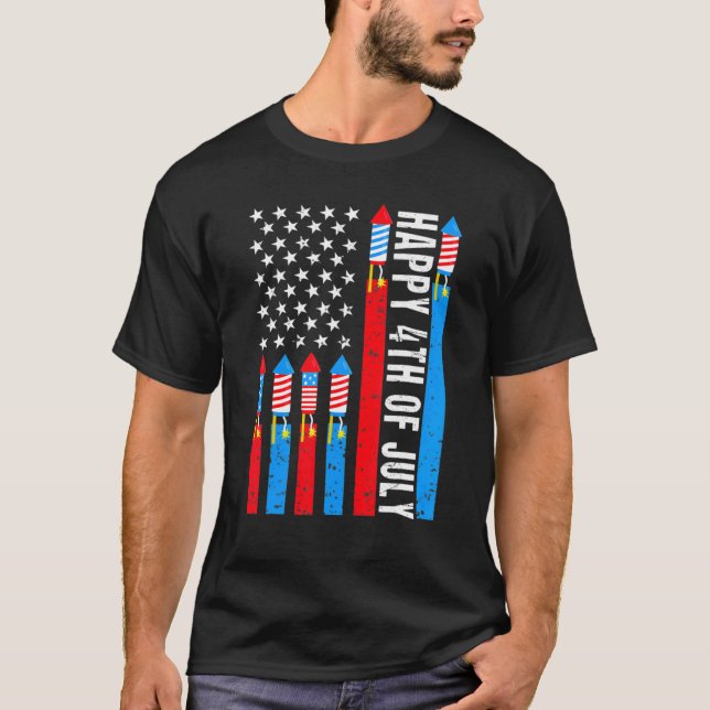 Camiseta Feliz 4 De Julho Americano Flag Fireworks Patrioti (Frente)