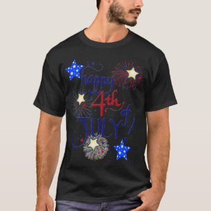 Camiseta Feliz 4 de julho! com fogos de artifício e estrel