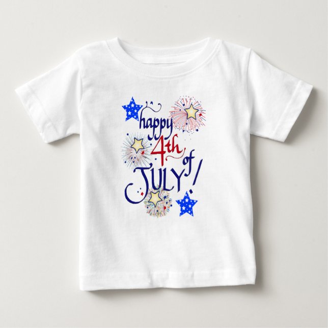 Camiseta Feliz 4 de julho! com fogos de artifício e estrela (Frente)