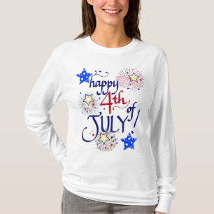 Camiseta Feliz 4 de julho! com fogos de artifício e estrela