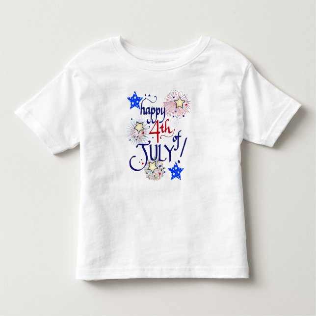 Camiseta Feliz 4 de julho! com fogos de artifício e estrela (Frente)