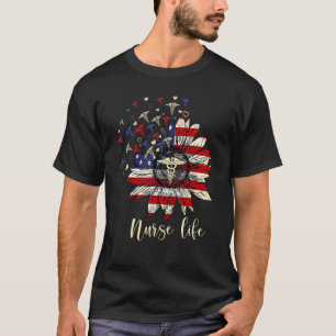 Camiseta Feliz 4 de Julho Enfermeira Vida Tripulação Girass
