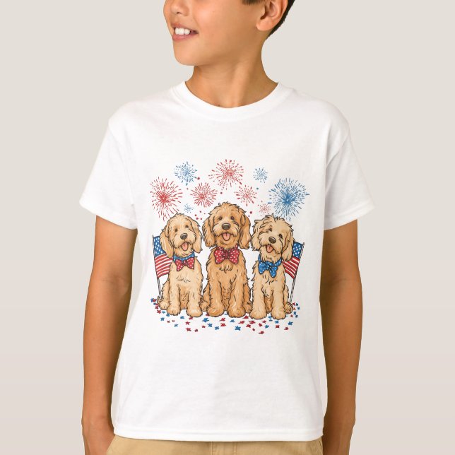 Camiseta Feliz 4 De Julho, Fogos De Artifício De Cães De Go (Frente)
