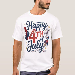 Camiseta Feliz 4 de Julho Foguete Patriótico & Estrelas