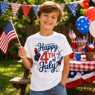 Camiseta Feliz 4 de Julho Foguete Patriótico & Estrelas