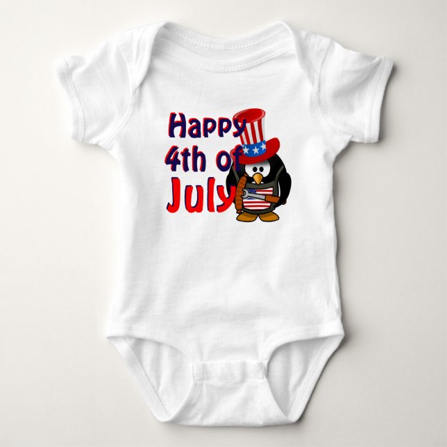 Camiseta Feliz 4 de Julho Pinguim Patriótico Fofo (Frente)